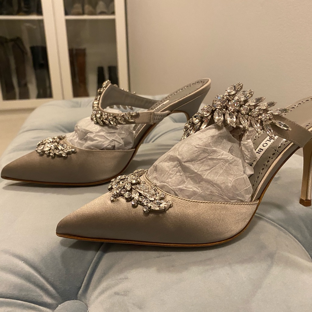 Manolo Blahnik Lurum Grey Satin Crystal Embellished Mules Heals